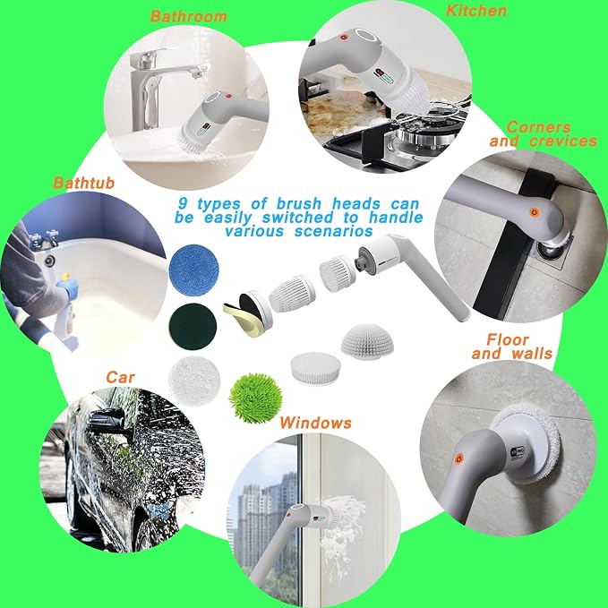 Electric Spin Scrubber,Bathroom Cleaner Brush with Full-Body IPX7 Waterproof,Shower Scrubber with Long Handle,Power Cleaning Brush with 9 Brush Heads,Cordless Scrubber for Kitchen,Tub,Tile,Galss,Floor