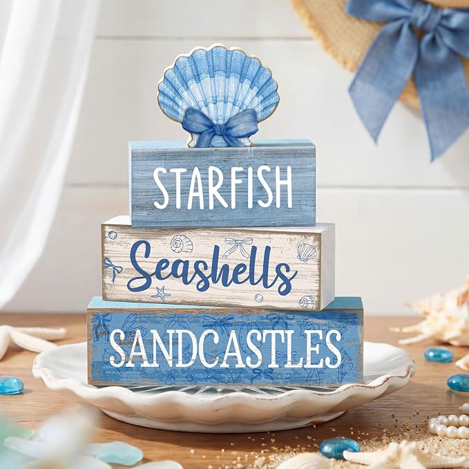 Moucuny 4 Pcs Beach Wooden Signs Table Decor with Shell, Tiered Tray | Coastal Nautical Theme Rustic Style, Summer Home Kitchen Centerpiece, Decorative Blocks for Tiered Trays