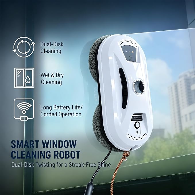 Automatic Window Cleaning Robot, 2800Pa Dual Suction & Anti-Fall | 3 Cleaning Modes for High-Rise Windows & Glass Surfaces - Smart Path Planning, Wet/Dry Cleaning, One-Button Start