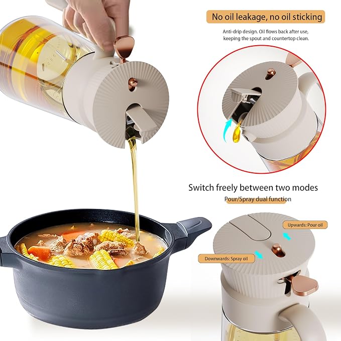 19.6 oz 2 in 1 Glass Olive Oil Sprayer for Cooking | Leak-Proof Oil Dispenser for Kitchen, Food-Grade Spray and Pour Bottle Air Fryer, BBQ, Salad, Baking - White