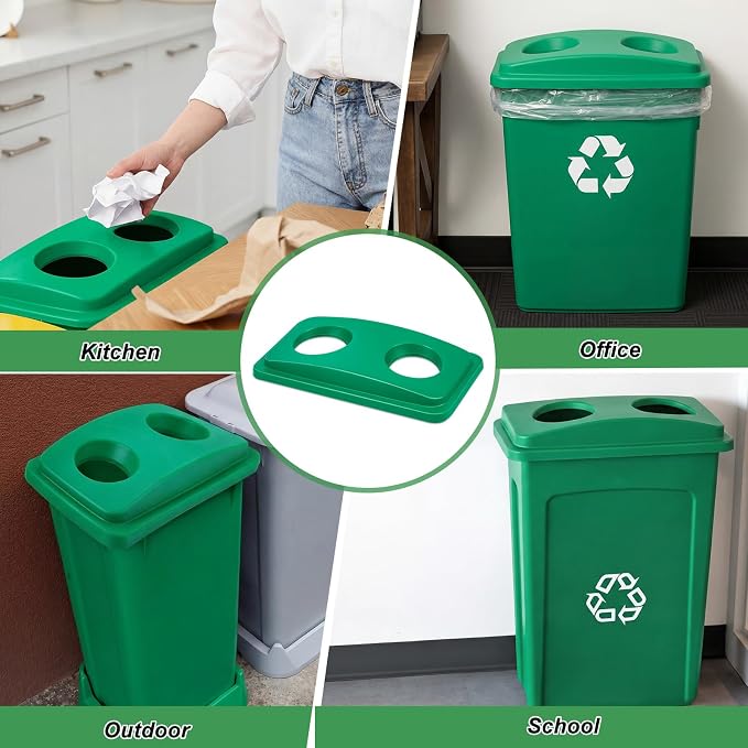 Maxdot 2 Pack Recycle Bin Lids Each with Two Bottles & Cans Openings, Green | Plastic Fit 23 Gallon Slim Trash Can, for Waste Recycling Sorting, Kitchen Classrooms Offices Outdoor