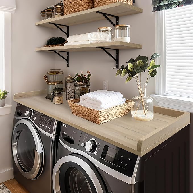 Washer Dryer Countertop, Melamine Countertop with Edge Rails - 27.5" Depth x 54" Width Laundry Room Organization, Oak(Grey Tone)