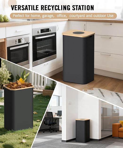 26 Gallon (100L) Recycling Bins for Kitchen with Bamboo lid, Black | with 2pcs Removeable and Reusable Inner Bags, Oxford Fabric, Recycle Trash Bin for Indoor Bottle Can Glass Plastice
