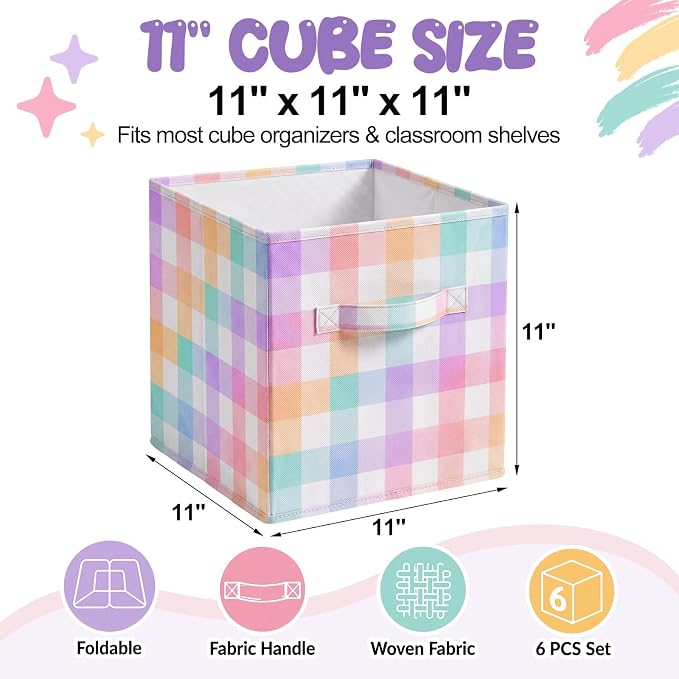 Chunful 6 Pcs 11 Inch Pastel Checked Fabric Storage Cube Bin Woven Foldable Gingham Storage Cube for Classroom Basket Bin Organizer with Handle Decor for Organizing Clothes, Toy, Book