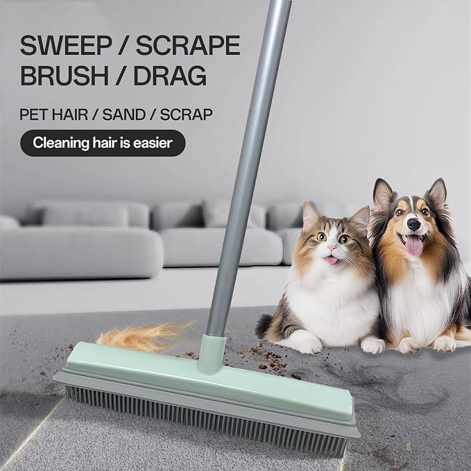50" Carpet Rake Pet Hair Removal, Rubber Broom with Built-in Squeegee,Green | Multi-Surface Rubber Broom with Built in Squeegee Edge, Sweeps up Fur, Hair, and Debris on Tile, Wood, Vinyl, and Carpet
