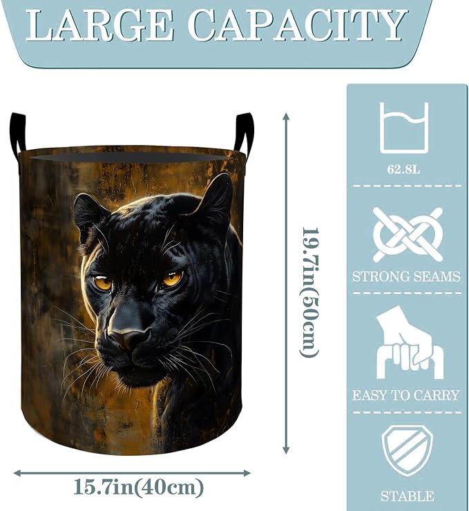 Black Panther Jungle Laundry Basket, Dirty Collapsible Clothes Toy Organizer Hamper for Kids Adults, Oxford Cloth Waterproof Storage Bin for Bedroom Bathroom Home Decor Gifts, 19.7"X15.7"