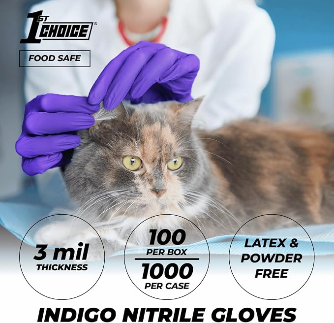 1st Choice 3 mil Disposable Indigo Nitrile Exam Gloves for Medical, Salon | Dentist, Esthetician, and Household Chores, Bulk Purchasing Options Available, Suitable for Use with Hair Dying Chemicals