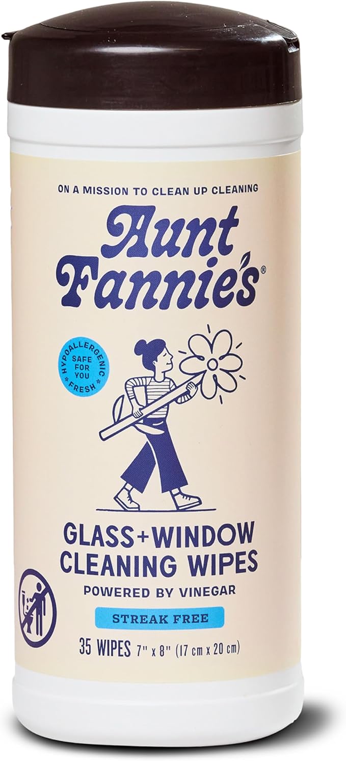 Aunt Fannie's Glass & Window Cleaning Wipes, 35 Count, Pack of 1 | Fast-Drying Formula, Removes Smudges, Safe for Mirrors Windows Shower Doors & Other Glass, Kid and Pet Safe, Made in USA