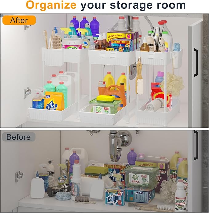 3-Pack 2-Tier Under Sink Organizers with Sliding Drawers | Multi-use kitchen & bathroom storage, 12.8 inch white cabinet organizer, space-saving sliding drawer design.