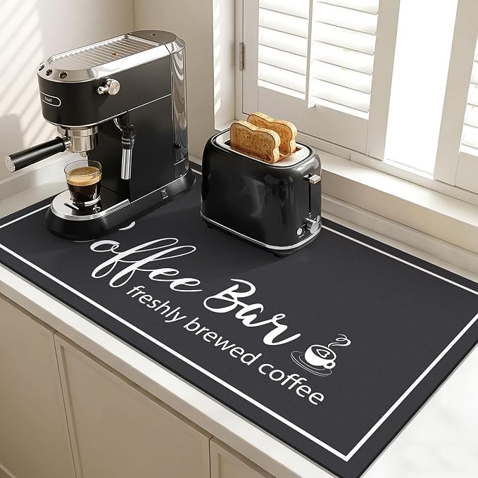 Findosom Dish Drying Mat, 17"x 32" Super Absorbent & Hide Stain Coffee Mat, Cuttable Drying Mat for Kitchen Counter, Coffee Bar Accessories, Under Dish Rack, Coffee Maker, Espresso Machine, Black