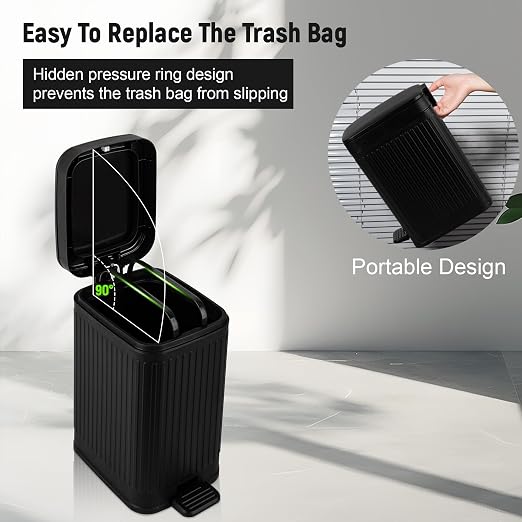Small Bathroom Trash Can with Lid, 1.9 Gallon Slim Soft Close Step, Black | Garbage Can with Pedal for Office, Bedroom, Kitchen & Living Room, Narrow Plastic Wastebasket Container for Small Spaces