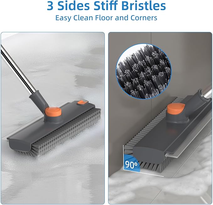 Floor Scrub Brush with Long Handle, 3 in 1 Scrape and Heavy-Duty Stiff Bristle Floor Scrubber Brush Broom with Squeegee and Tweezer for Cleaning Grey