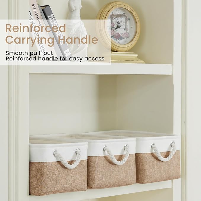 13.8x9.8x6.7 Inch Fabric Small Storage Bins with Handles 3 Pack | Foldable Storage Basket, Sturdy Metal Strand, Cardboard Support Molding, Small Baskets for Organizing, Shelves, White/Khaki