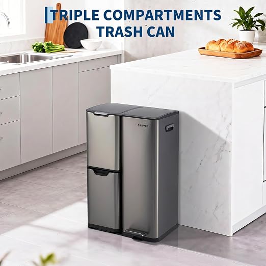 Garvee 3 Compartment Trash Can, 16 Gal Garbage and Recycle Bin Combo | 3 in 1, Triple Bins, Stainless Steel, Soft Close Lid & Foot Pedal, Removable Inner Buckets, for Home Kitchen Office, Gray