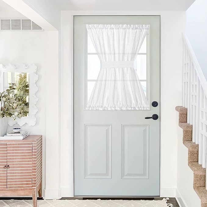 NICETOWN Front Sheer Door Sheer Curtain with Tieback, 1 Panel, White | Privacy Semitransparent Voile French Door Curtain with Top and Bottom Rod Pocket, Tieback Included, 1 Panel, White