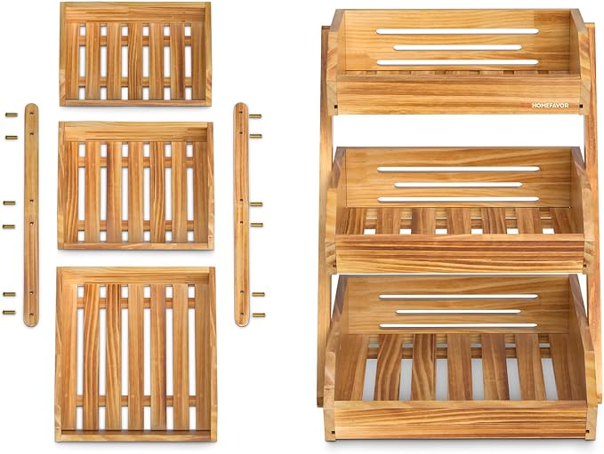 G.a HOMEFAVOR Wooden 3 Tier Fruit Basket, Brown, Pine Wood, Sturdy, Self-assembly | Large Pine Wood Fruit Bowl for Kitchen Countertop, Vegetable Storage and Home Organizer