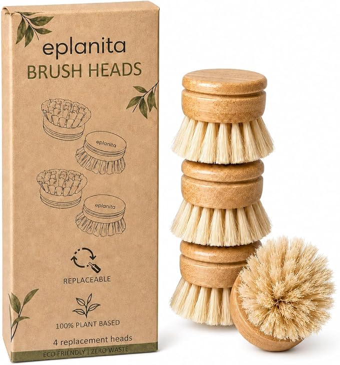 Replacement Brush Heads (Pack of 4) for Bamboo Dish Brush, Sisal Bristle Refills, Agave Cactus Fibres, Kitchen Eco Scrubber, Plastic Free Washing Up, Zero Waste Cleaning