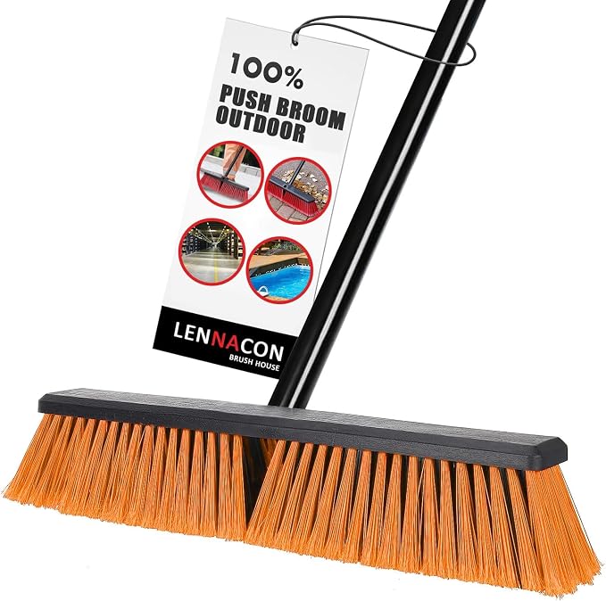 Push Broom, Outdoor Broom, Push Broom Outdoor for Garage, Deck | 18‑inch stiff bristle head works as garage, shop & industrial broom for concrete, decks, patios. Ergonomic handle + hook