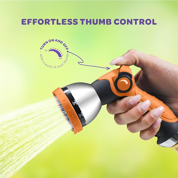 Hose Nozzle [Orange] Heavy Duty Hose Sprayer With 10 Adjustable Watering Patterns. Thumb Control Design, Comfortable Ergonomic Grip, Garden Hose Nozzle for Watering Plants & Lawns/Fun showers/Cleaning