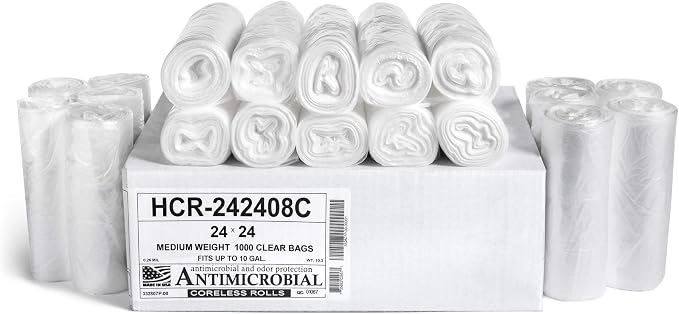 Aluf Plastics 10 Gal Clear Trash Bags, 8 Micron (EQ.), 24" x 24" (1000 Pk)