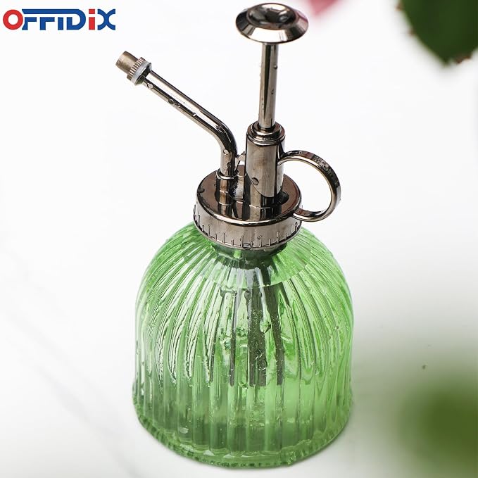 OFFIDIX Glass Plant Mister, Vintage Style Spray Bottle 6.7oz Light Green | 6.3" Tall, Spritzer Bronze Plastic Top Pump, 200ml One Hand Watering Can Indoor, Glass Spray Bottle for Garden Small Plant
