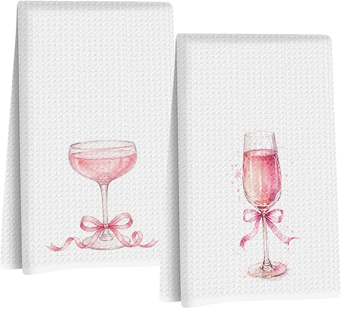 2 Pcs Pink Bow Champagne Kitchen Towels, Coquette Pink Reusable Dish Towels | Waffle Weave Hand Cloth Tea Towel for Kitchen Bathroom Home Decor, Alcohol Lover Gifts for Women Mom Friend 24x14 Inch
