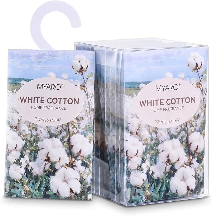 MYARO 12Pcs White Cotton Sachets Hanging Car Freshener, Closet Deodorizer | Long-Lasting Sachet Bags, Odor Eliminator for Closet, Drawer, Bathroom, Clothes, Fabric Refresher, Home Fragrance Gift Set