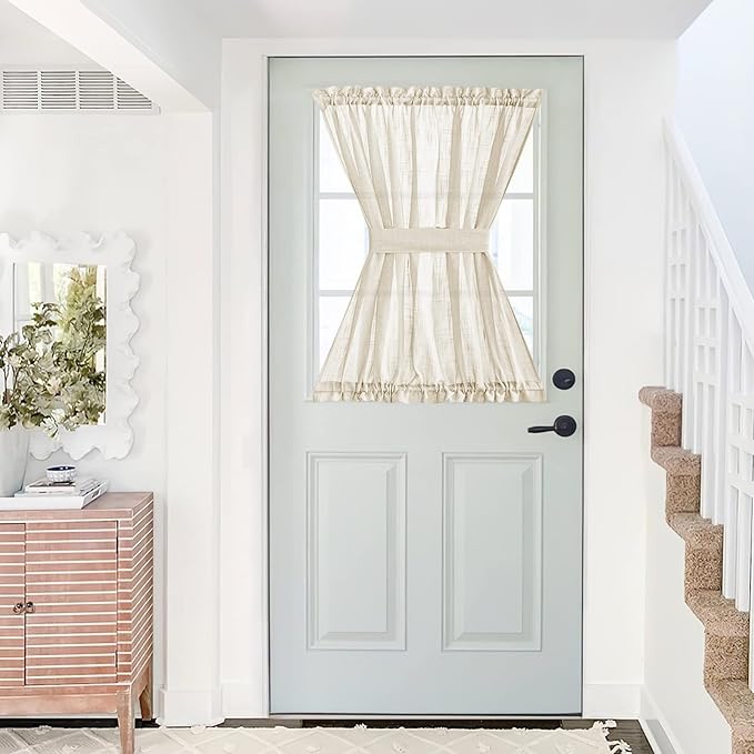 NICETOWN Linen Textured Door Panel - Semitransparent Sheer Curtain | Privacy Semi Voile French Door Drape (Beige, 52 inches Wide x 40 inches Long, 1 Panel, Matching 1 Tieback Included)
