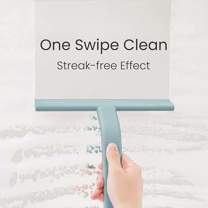 JustHang Shower Squeegee with Built-in Hook, 10-Inch Slate Blue | Award-Winning Design, All-One-Piece Soft-Touch Silicone, for Glass Door, Bathroom, Window, Mirror, Tile Wall, Car