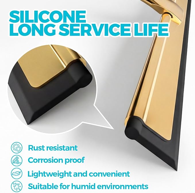 2pcs Shower Squeegee for Glass Doors with Adhesive Hanging Hook Set | 10” Gold, Bathroom Accessories, Window Cleaner, New Home Essentials, Soft Rubber Blade, Metal Handle, Ergonomic Grip