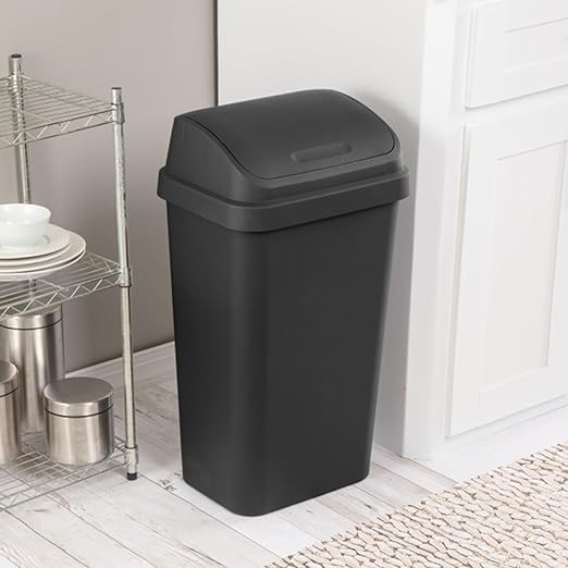 Sterilite Swing Top Wastebasket, Trash Can, 13 Gallon, Black, 4-Pack | Sleek Square Profile Modern Garbage Bin for Kitchen, Bathroom, Garage and Workspace, Fits 13 Gal Liners
