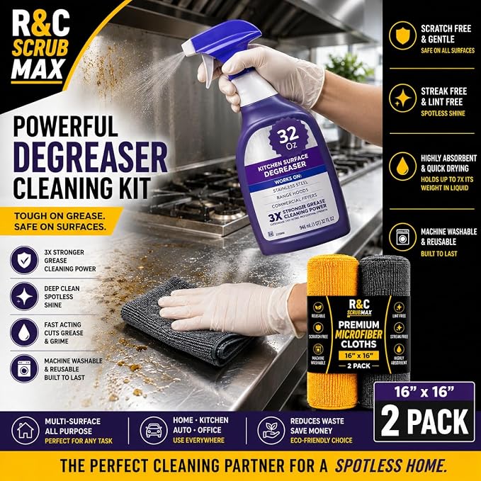 R&C Store Essentials Home Cleaning Bundle Kit, Includes 32 oz Degreaser Spray Compatible with Dawn_Kitchen Surface Degreaser + 2 Primium Microfiber Cleaning Cloths 16x16