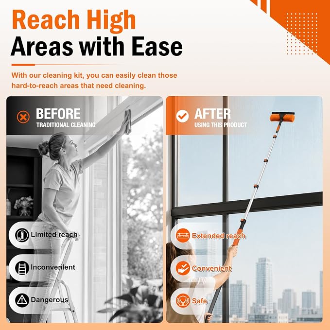 LAANPOLE 36FT High Reach Duster Cleaning Kit with Extension Pole, High Ceiling Fan Cleaner Duster Tool for Fan Blades, Window Washing Kit with Microfiber Feather Duster & Window Squeegee