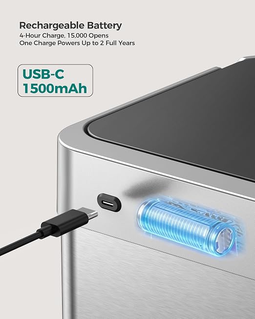13 Gallon Automatic Kitchen Trash Can,Touchless Sensor Garbage Can,Silver | Built‑in 1500mAh Rechargeable Battery,Stainless Steel Motion Sensor Trash Can, Silent Close Lid Smart Trash Bin for Home