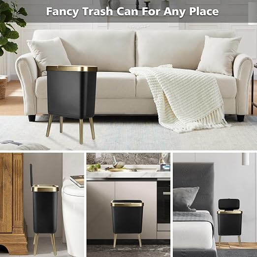 Bathroom Trash Can 4 Gallon, Dog Proof Trash Bin with Press Top Lid, Black Office Waste Basket with Gold Edge, Tall Narrow Garbage Cans for Kitchen, Toilet, Living Room, Bedroom