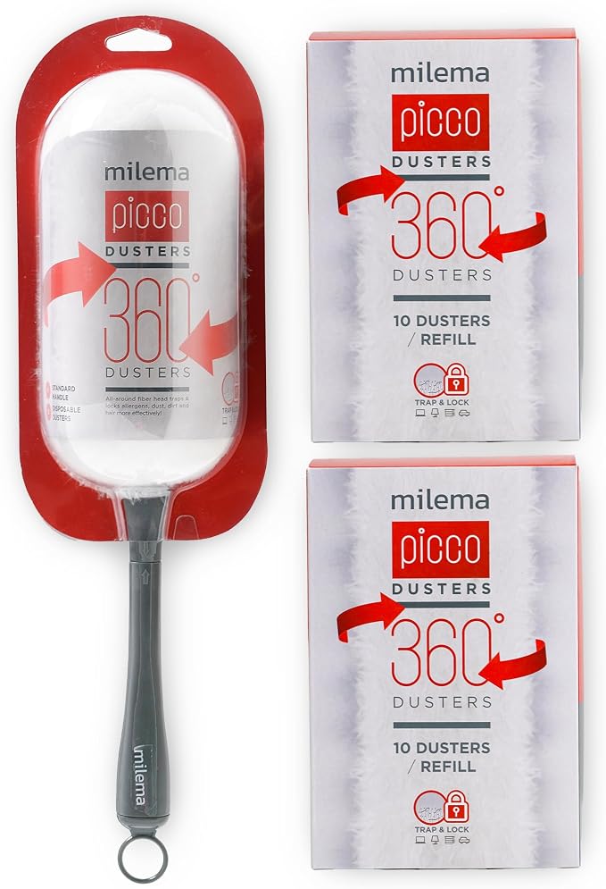 milema Picco 360 Double-Sided Duster, White, 1 Short Handle, 23 Refills | 360° Cleaning, Reaches Narrow Spaces, Disposable Microfiber Refills, Easy Dust Pickup
