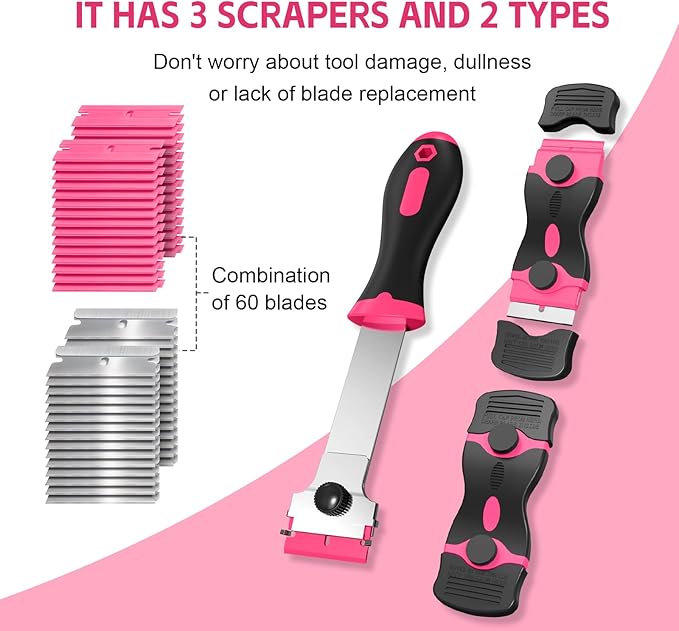 3 Pack Razor Blade Scraper Set, Includes 30 Plastic & 30 Metal Blades(Pink) | Multi-Purpose Tool for Glass, Cooktop, Sticker Removal, Paint & Gum Cleaning
