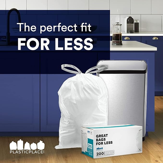 Plasticplace Custom Fit Trash Bags, Compatible with simplehuman Code X (200 Count) White Drawstring Garbage Liners 21 Gallon/ 80 Liter, 26" x 24.5"