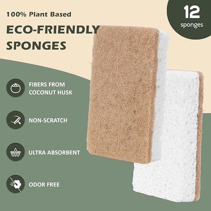 Isshah Plant-Based Kitchen Sponges - FSC Certified and PETA Approved, Natural, Eco-Friendly, Biodegradable Sisal Hemp Sponges for Dishes, Cleaning Sponge for Kitchen, Bathroom, Household - 12 Count