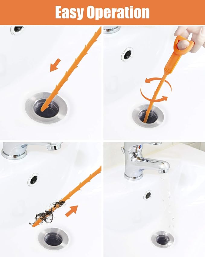 Hair Drain Clog Remover Tool – 6 × 25-Inch Sink Snake + 1 × 24-Inch Drain Cleaner Tool, Plumbing Snake for Shower, Toilet, Kitchen Sink & Tub – 7-Piece Hair Removal Tool Set