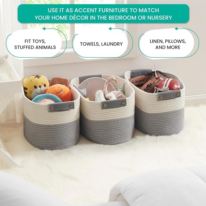 3 Pack Woven Cotton Rope Storage Basket, 15x10x9, White/Gray | Faux Leather Handles; Decorative Closet Shelf Organizer; Ideal for Storage & Organization