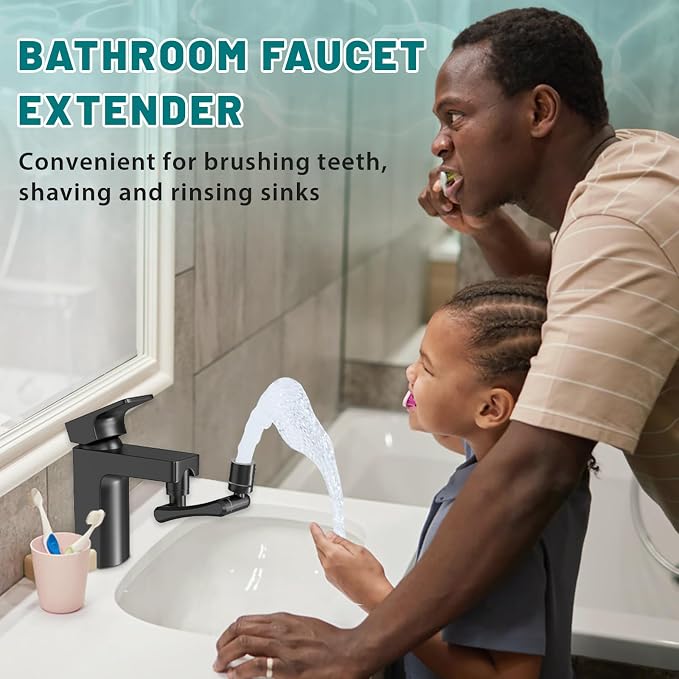 CECEFIN 1440 Swivel Faucet Extender for Kitchen/Bathroom Sink, NSF/ANSI 372 | Black Tap Aerator Extension, 1080° Large-Angle Splash, 2-Water Outlet Spray, Rotating Robotic Arm, Wash Hand/Face