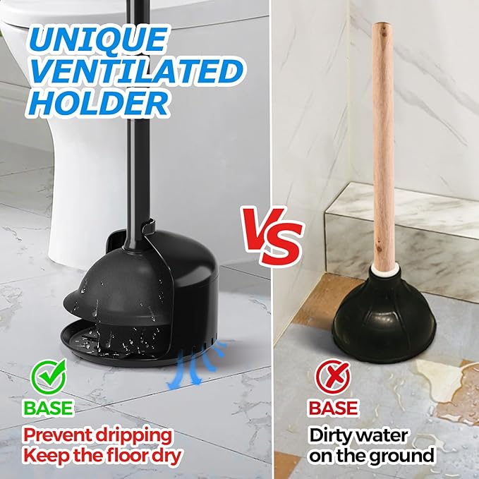 FORASTO Toilet Plunger with Holder - Heavy Duty Bathroom Cleaning Tools | Plungers for Bathroom, Toilet Bowl Cleaners, Apartment Must Haves, Bathroom Decor Accessories, Home Essentials, Black