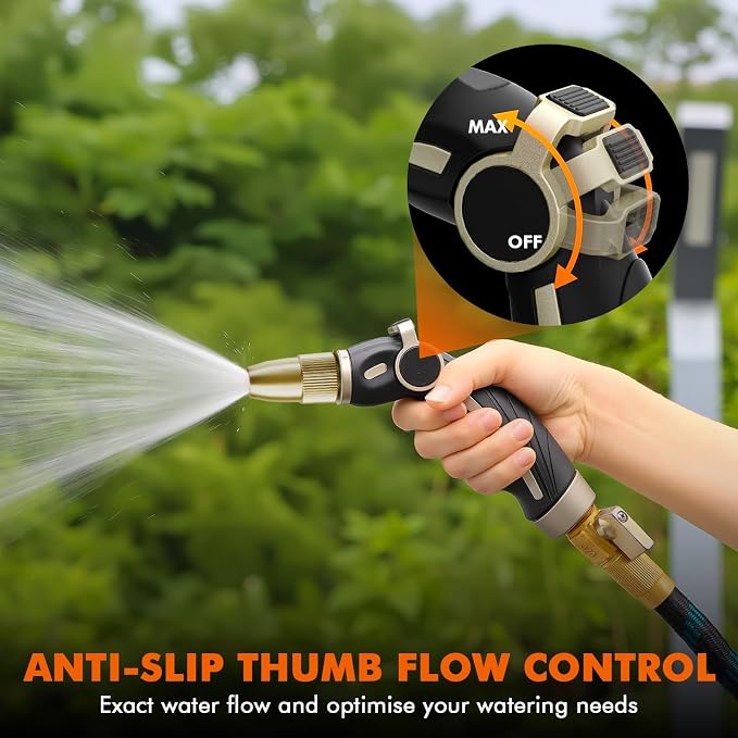 RESTMO Garden Hose Nozzle, Heavy Duty Water Hose Sprayer Nozzle, Black | Brass Head, Thumb Control, Adjustable 4 Spray Patterns, Leak-proof, Metal Hose Nozzle for Outdoor Lawn & Plant & Car
