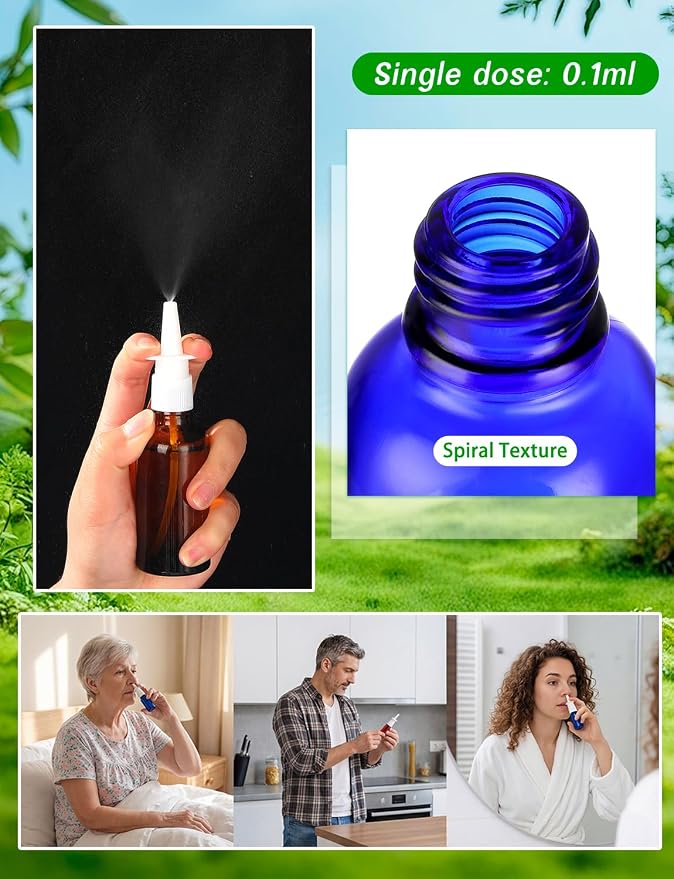 8 Pcs Nasal Spray Bottle, 50ML/1.76OZ 4Pcs Fine Mist Glass Empty Brown Blue Nose Nasal Spray Bottles Refillable with 2 Funnels and 2 Labels
