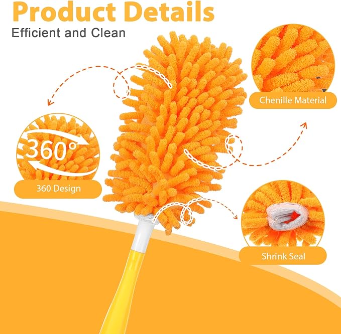 11-Pack Reusable Duster Kit – Heavy Duty Chenille Refills with Handle, 360° Microfiber Dusting for Home & Office (Orange)