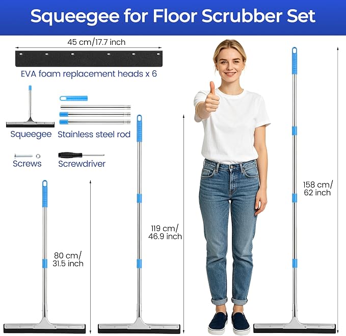 Aodaer Large Floor Squeegee with 62‘’ Adjustable Stainless Steel Handle | 2 Pairs 17.7'' Extra Replacement EVA Blades Clip Heavy Duty Household Rubber Broom for Garage, Courtyard, Pool, Tile Bathroom