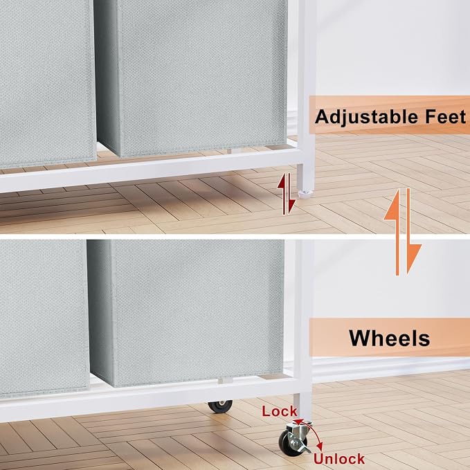 Laundry Hamper, Laundry Sorter 2 Section, Rolling Laundry Basket with Wheels, 2 Shelves, 2 × 14.5 Gal, Pull-Out and Removable Oxford Fabric Bags, for Laundry Room, White and Grey