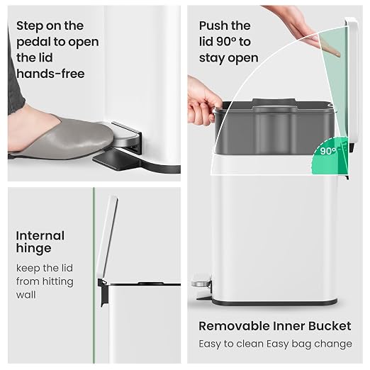 Cesun 2.6 Gallons Small Bathroom Trash Can with Lid Soft Close, White | Removable Inner Bucket, Small Stainless Steel Garbage Can for Bedroom/Office, Hands-Free Step Pedal, Fingerprint-Resistant