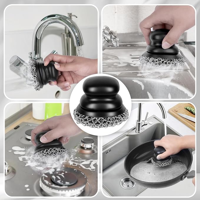 Cast Iron Scrubber (2 × Black Coarse Mesh) and and Scraper, Chain Mail Scrubber for Cleaning Stock Pots, Pans, Griddles, Grills, Cast Iron Skillets, Dish Scouring Pads